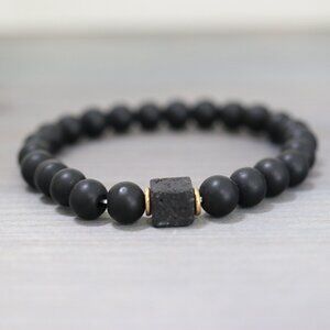 Black Matte with Square Lava Gemstone Beads Gold Adjustable Bracelet